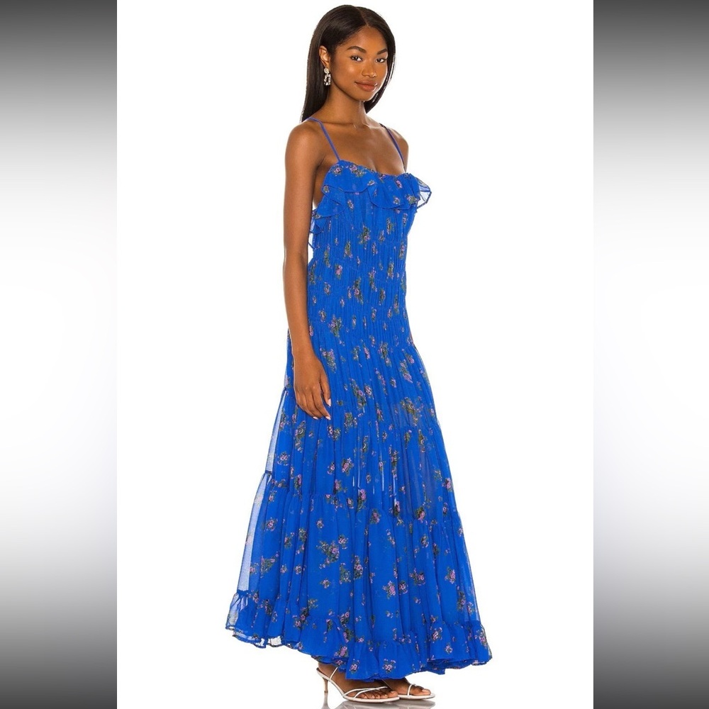 Free People Cloud Nine Smocked Ruffle Maxi Dress Blue Floral Size Small - Picture 10 of 10